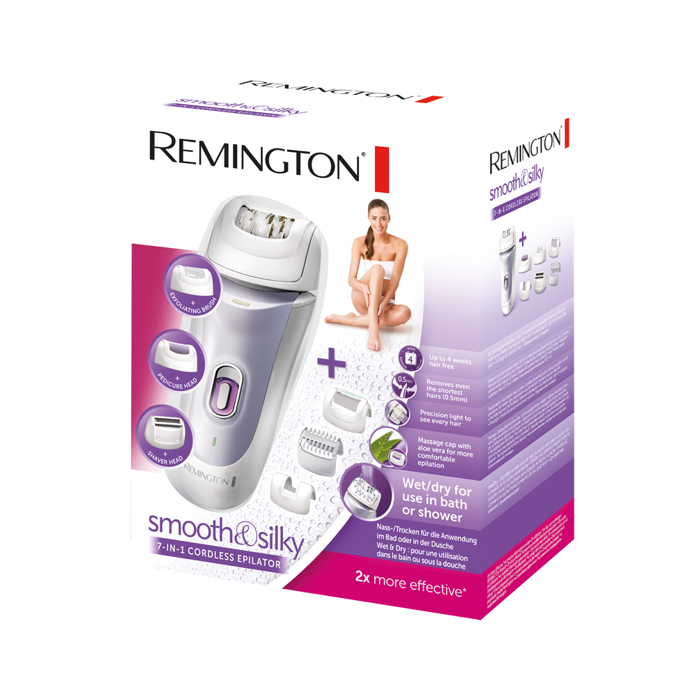Angled and Peeling Attachment Remington EP7035 Smooth & Silky 7 in 1 Set Including Body Hair Shaver/Hard Skin Remover Massage White Detail Epilation 